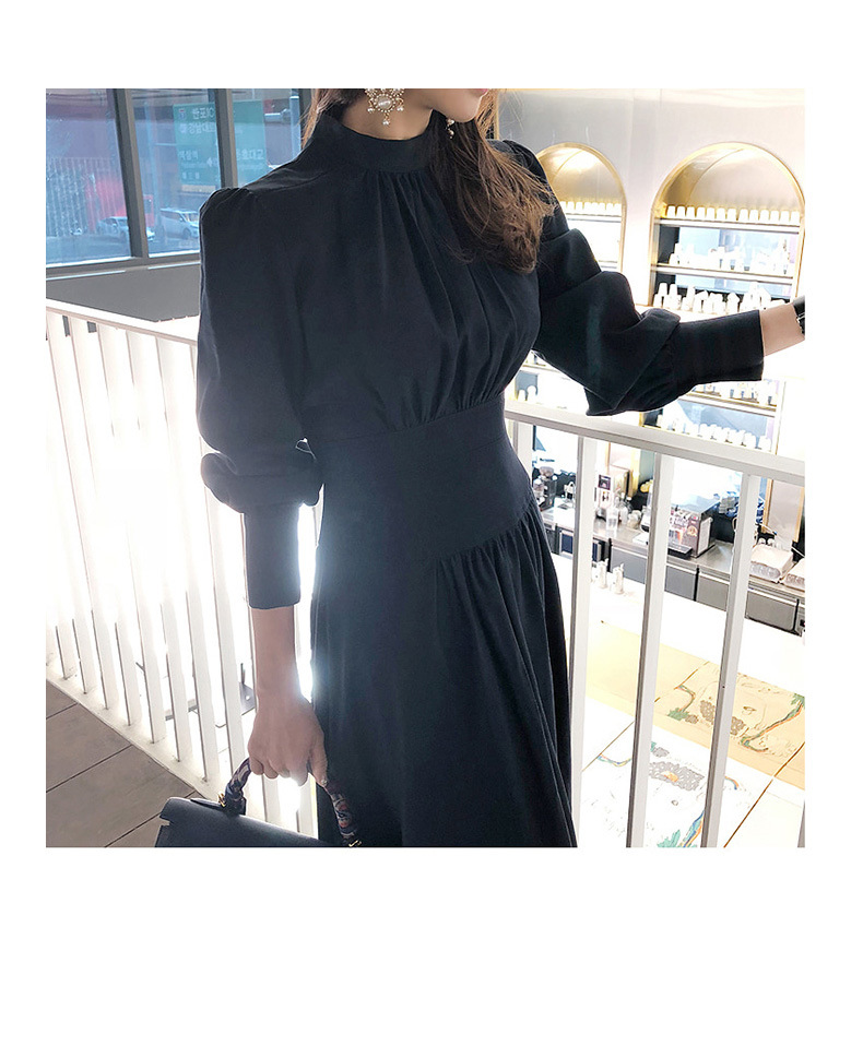 Blue Stand Collar Dress for Women Autumn and Winter New Lantern Sleeve Socialite Women's Clothes Light Luxury and Simplicity Intellectual Ol Pencil Skirt