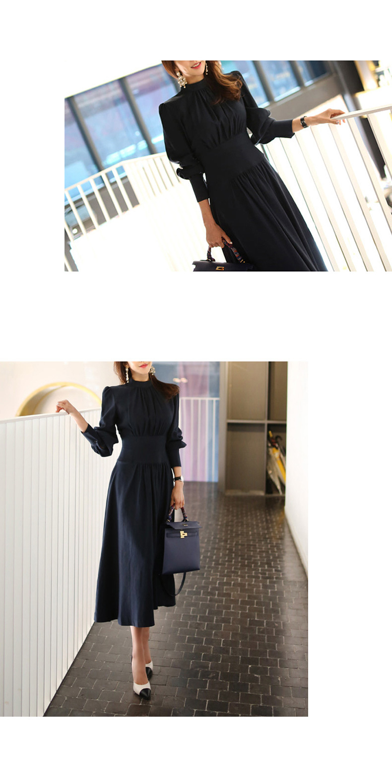 Blue Stand Collar Dress for Women Autumn and Winter New Lantern Sleeve Socialite Women's Clothes Light Luxury and Simplicity Intellectual Ol Pencil Skirt