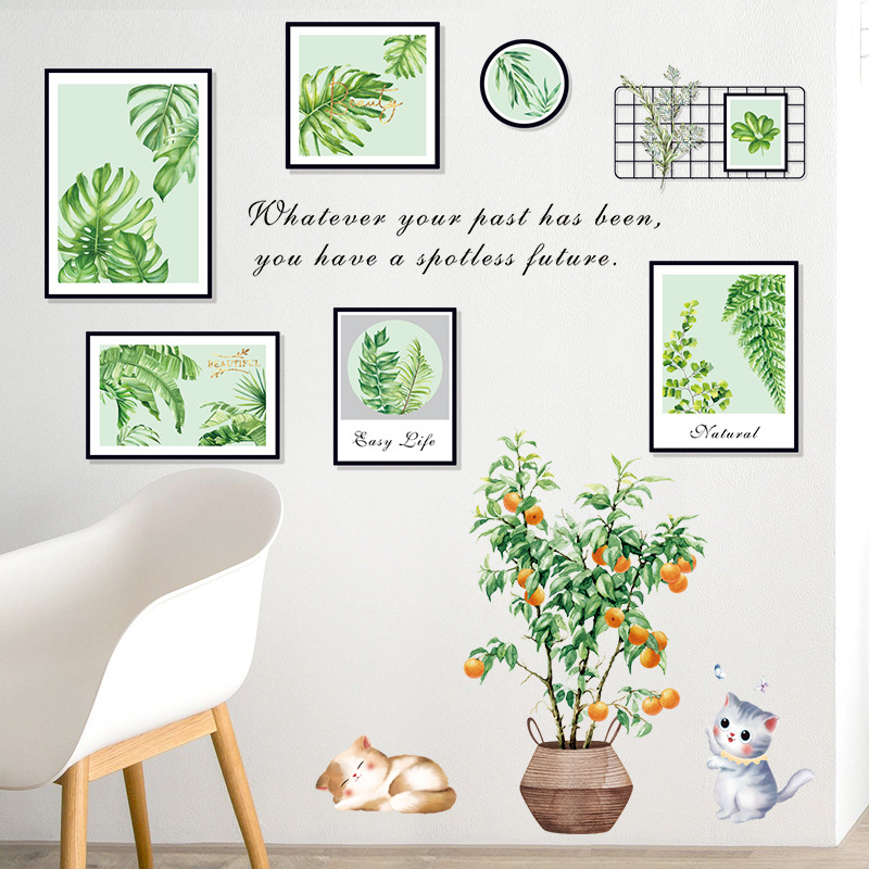 Wholesale Self-Adhesive Cartoon Cat Bonsai Greenery Simulation Picture Frame Ht94016 Sofa and Bedside Background Decorative Sticker