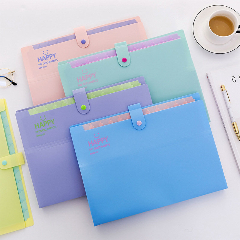 Korean Style Cute Smiley Face A4 Folder Multi-Layer File Holder Storage Information Bag Small Fresh Examination Paper Bag Bill 12 Grid