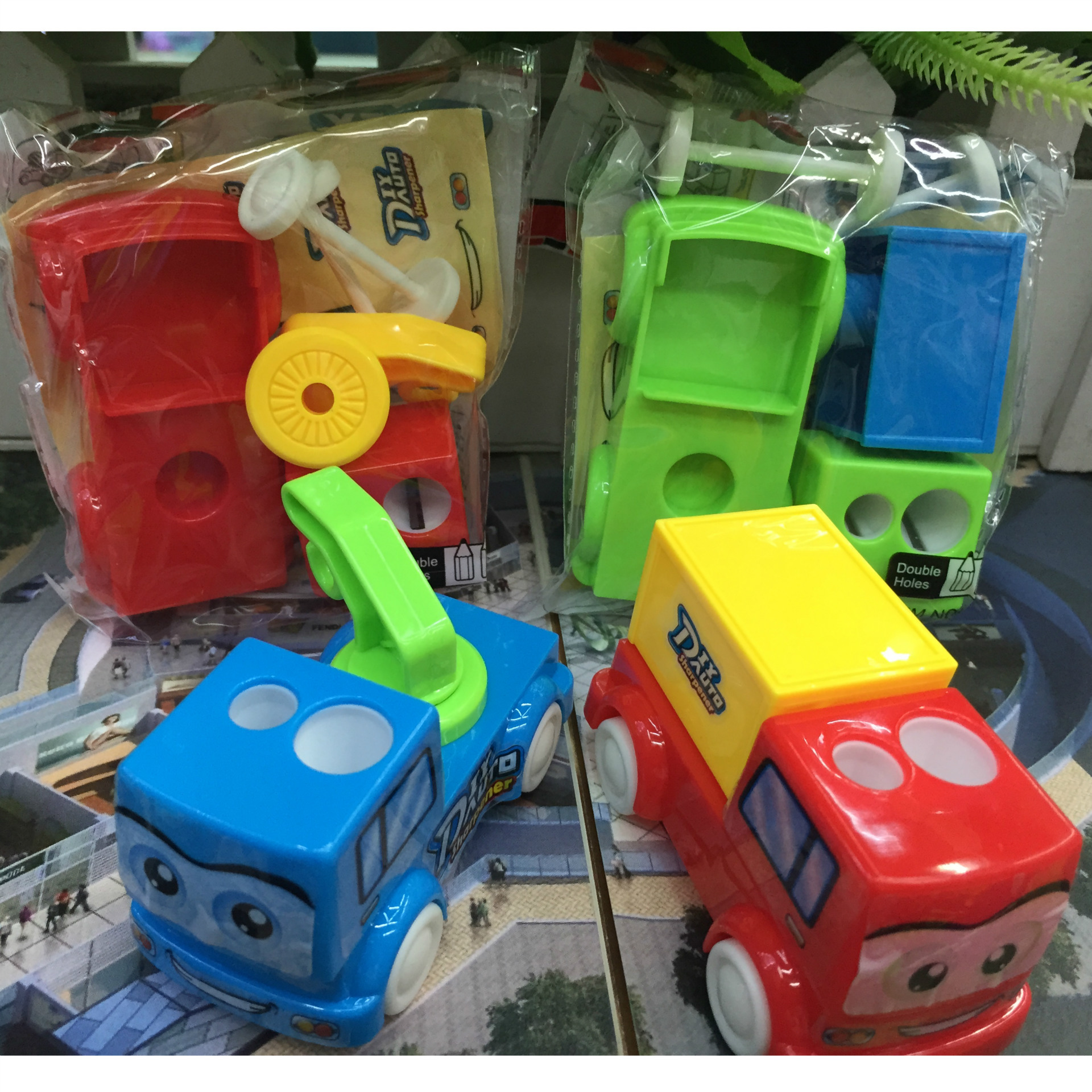 Cartoon DIY brick van car pencil sharpener with double hole pencil sharpener