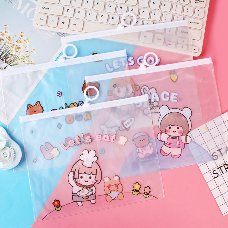 Creative Korean Cartoon White Transparent Document Bag Pull Ring File Bag Information Bag Plastic Test Paper Storage Bag Stationery