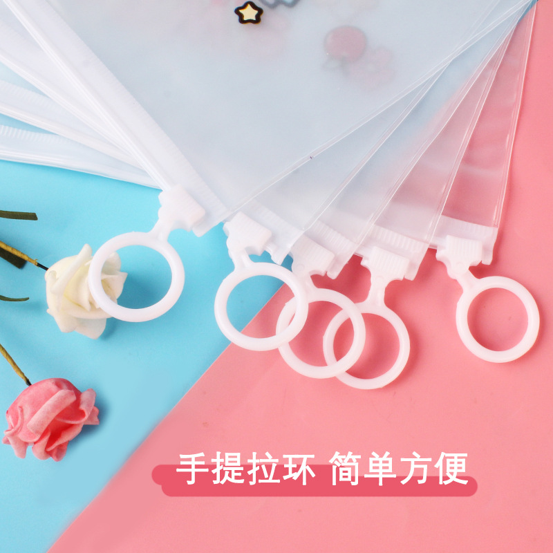Creative Korean Cartoon White Transparent Document Bag Pull Ring File Bag Information Bag Plastic Test Paper Storage Bag Stationery