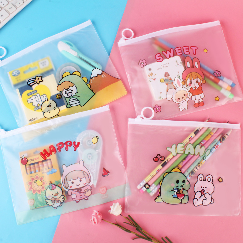 Creative Korean Cartoon White Transparent Document Bag Pull Ring File Bag Information Bag Plastic Test Paper Storage Bag Stationery