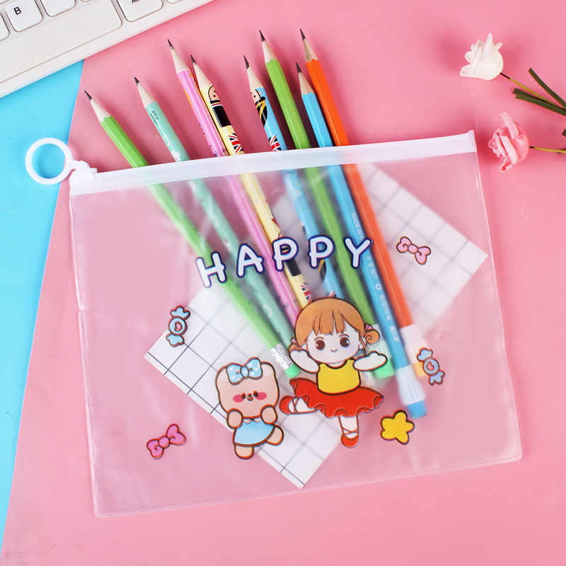 Creative Korean Cartoon White Transparent Document Bag Pull Ring File Bag Information Bag Plastic Test Paper Storage Bag Stationery