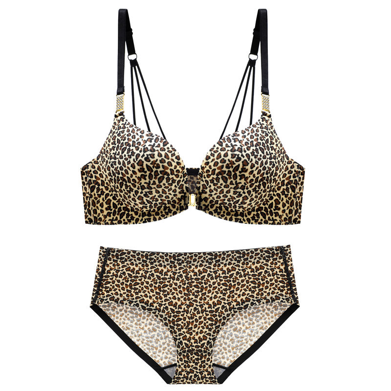 Beauty Back Underwear Women&#039;s Push-up Thin Adjustable Wireless Small Sized Bra Traceless Sexy Leopard Print Front Buckle Bra Set