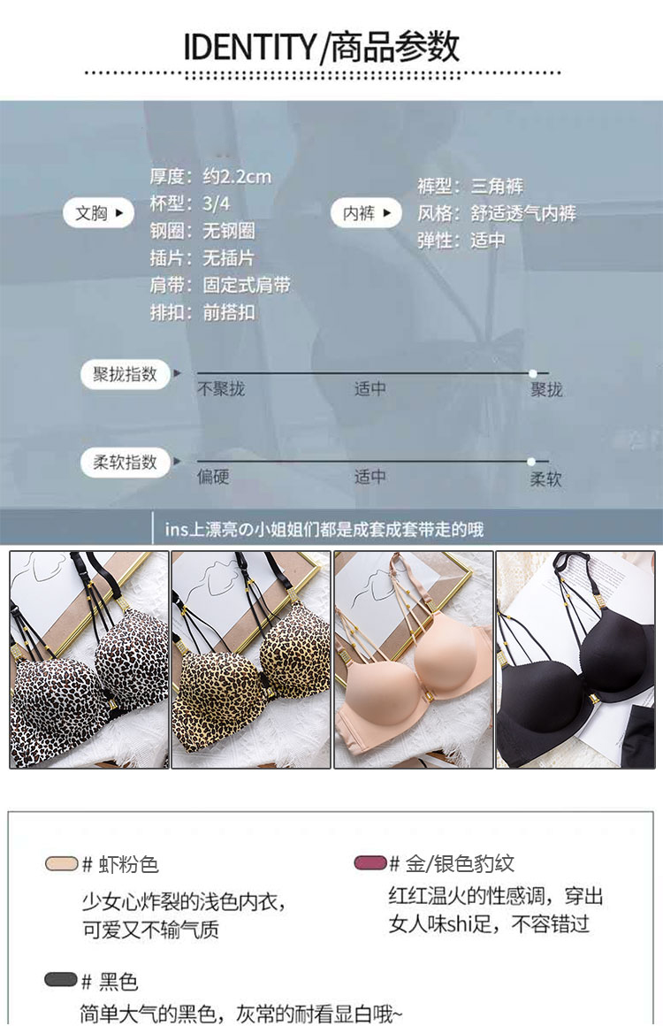Beauty Back Underwear Women's Push-up Thin Adjustable Wireless Small Sized Bra Traceless Sexy Leopard Print Front Buckle Bra Set Beauty Back Underwear Women's Push-up Thin Adjustable Wireless Small Sized Bra Traceless Sexy Leopard Print Front Buckle Bra Set