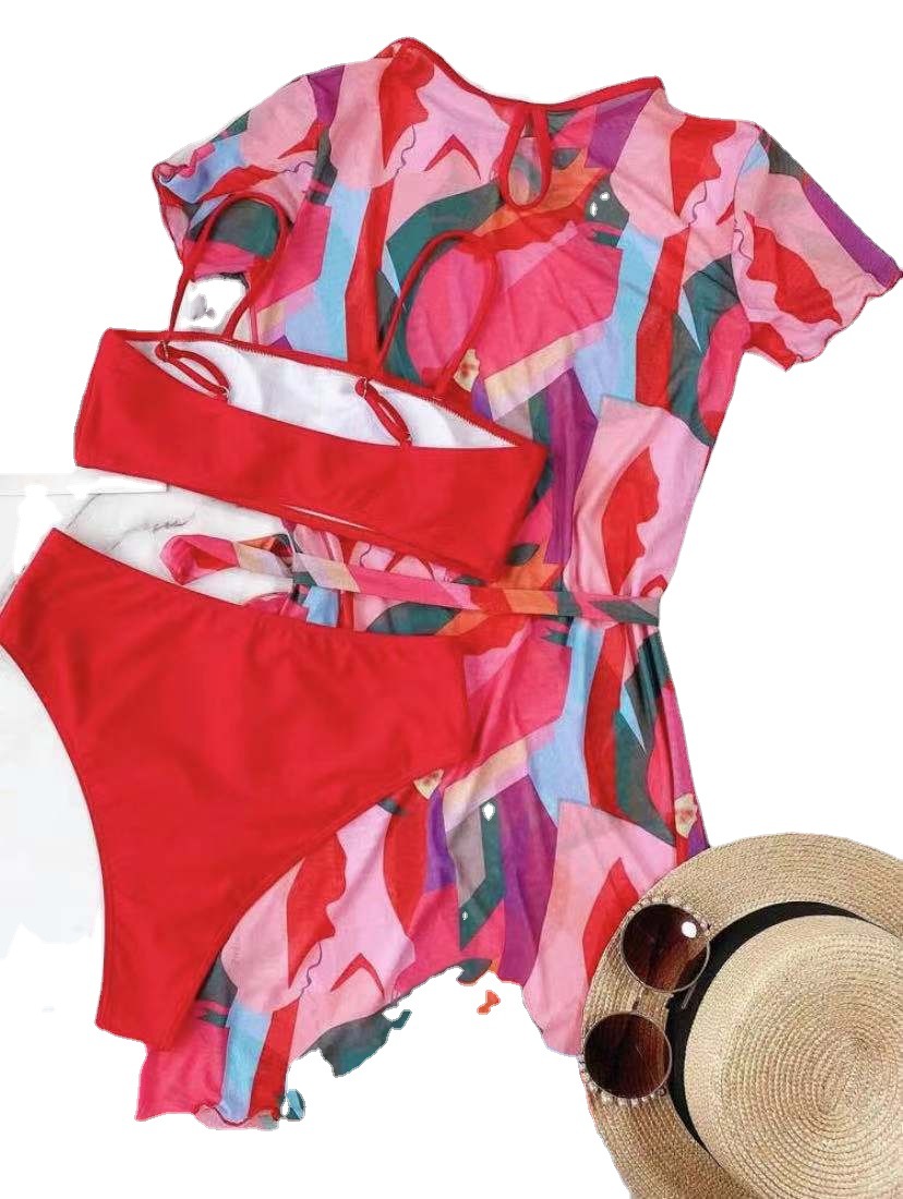 2022 High Waist Conservative Push up Pink European and American Spot Sexy Beach Export Three-Piece Bikini Swimsuit
