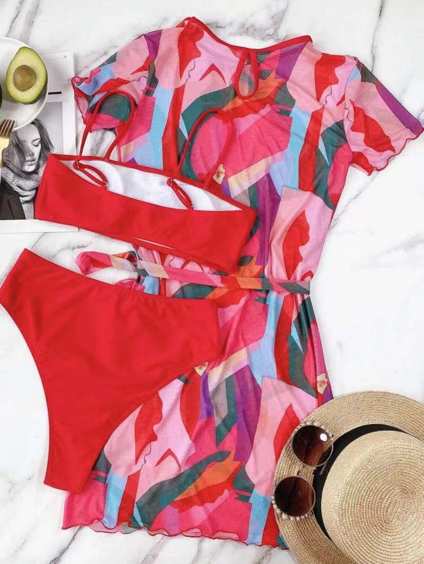 2022 High Waist Conservative Push up Pink European and American Spot Sexy Beach Export Three-Piece Bikini Swimsuit