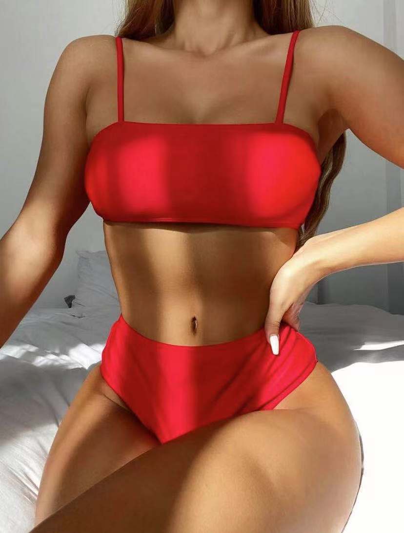2022 High Waist Conservative Push up Pink European and American Spot Sexy Beach Export Three-Piece Bikini Swimsuit