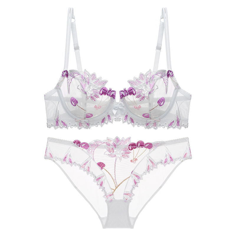 Embroidered Ultra-Thin Transparent Women&#039;s Summer Big Chest Sexy Lace Lingerie Bra Breathable Push up plus Size Flower Bra Set