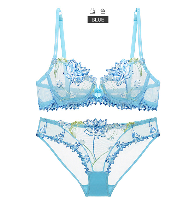 Embroidered Ultra-Thin Transparent Women's Summer Big Chest Sexy Lace Lingerie Bra Breathable Push up plus Size Flower Bra Set
