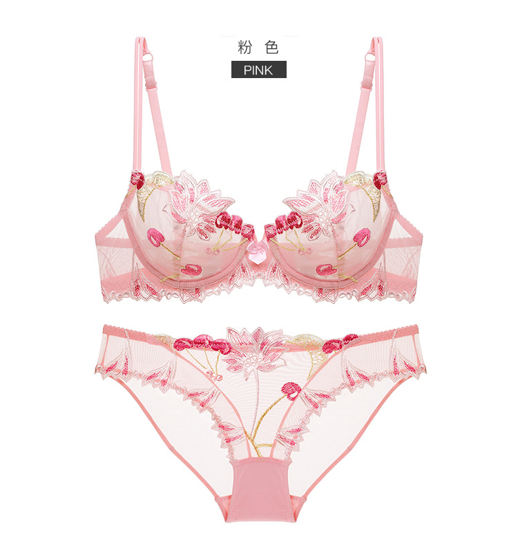 Embroidered Ultra-Thin Transparent Women's Summer Big Chest Sexy Lace Lingerie Bra Breathable Push up plus Size Flower Bra Set