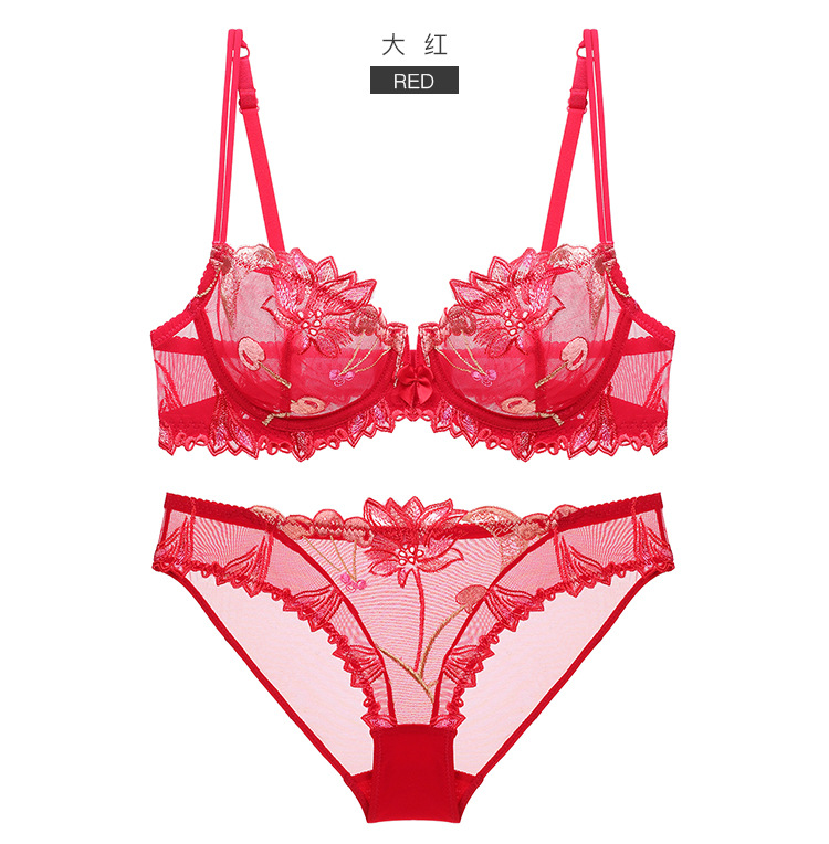 Embroidered Ultra-Thin Transparent Women's Summer Big Chest Sexy Lace Lingerie Bra Breathable Push up plus Size Flower Bra Set