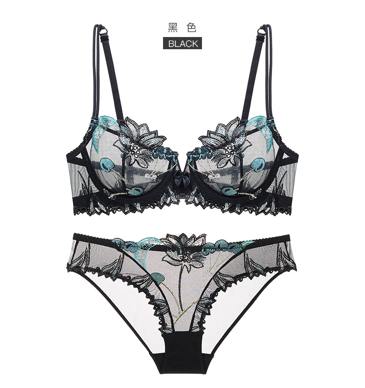 Embroidered Ultra-Thin Transparent Women's Summer Big Chest Sexy Lace Lingerie Bra Breathable Push up plus Size Flower Bra Set