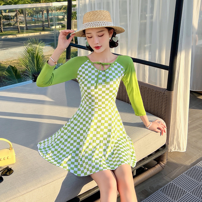 Long Sleeve Swimsuit Female Skirt Style Siamese Conservative Thin Korean Ins Small Chest Push up Fashion New 2022 Swimming Suit