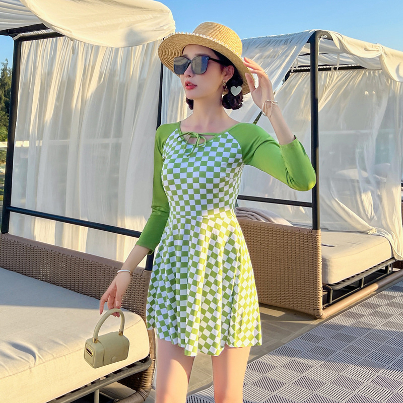 Long Sleeve Swimsuit Female Skirt Style Siamese Conservative Thin Korean Ins Small Chest Push up Fashion New 2022 Swimming Suit