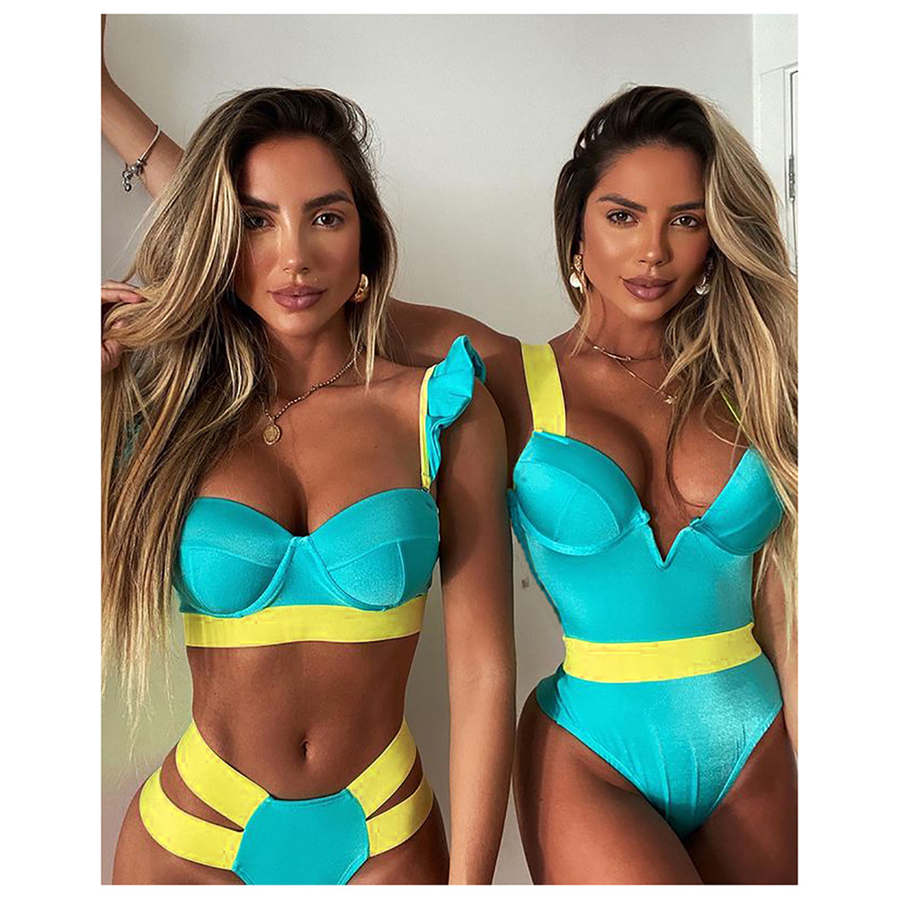 2021 New Foreign Trade Swimsuit AliExpress Steel Bracket Push-up Board Belt Female Cross-Border Bikini Contrast Color European and American Swimwear 2021 New Foreign Trade Swimsuit AliExpress Steel Bracket Push-up Board Belt Female Cross-Border Bikini Contrast Color European and American Swimwear