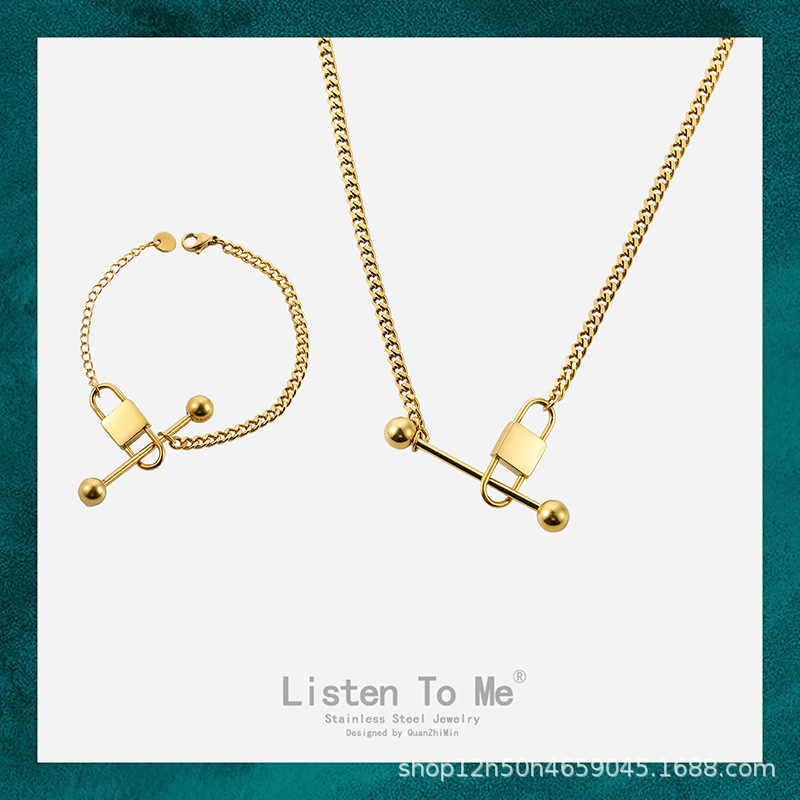 Lisrten to Me European and American Titanium Steel Lock Head Balance Bar Pendant Foreign Trade Export Necklace, Bracelet Set Female