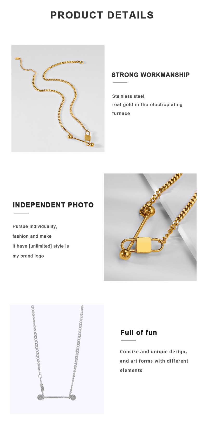 Lisrten to Me European and American Titanium Steel Lock Head Balance Bar Pendant Foreign Trade Export Necklace, Bracelet Set Female