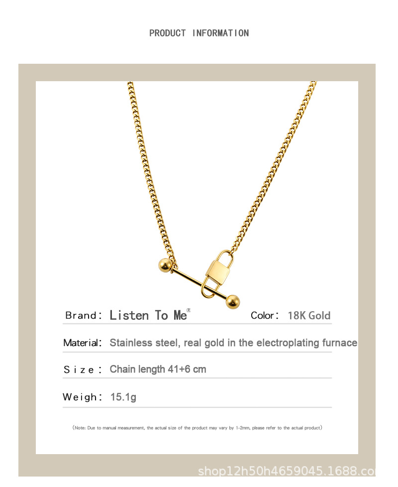 Lisrten to Me European and American Titanium Steel Lock Head Balance Bar Pendant Foreign Trade Export Necklace, Bracelet Set Female