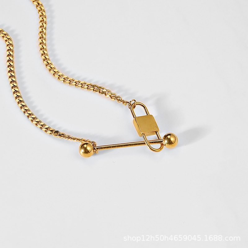 Lisrten to Me European and American Titanium Steel Lock Head Balance Bar Pendant Foreign Trade Export Necklace, Bracelet Set Female