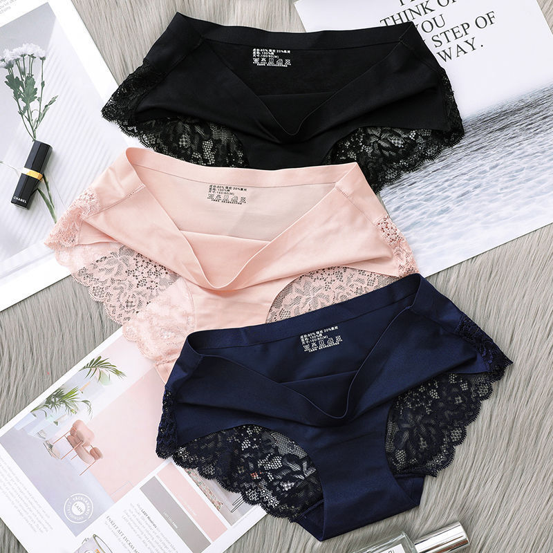 Ice Silk Underwear Women&#039;s Mid Waist Traceless Lace Cotton Crotch plus Size Sexy Breathable Ultra-Thin Young Lady Briefs