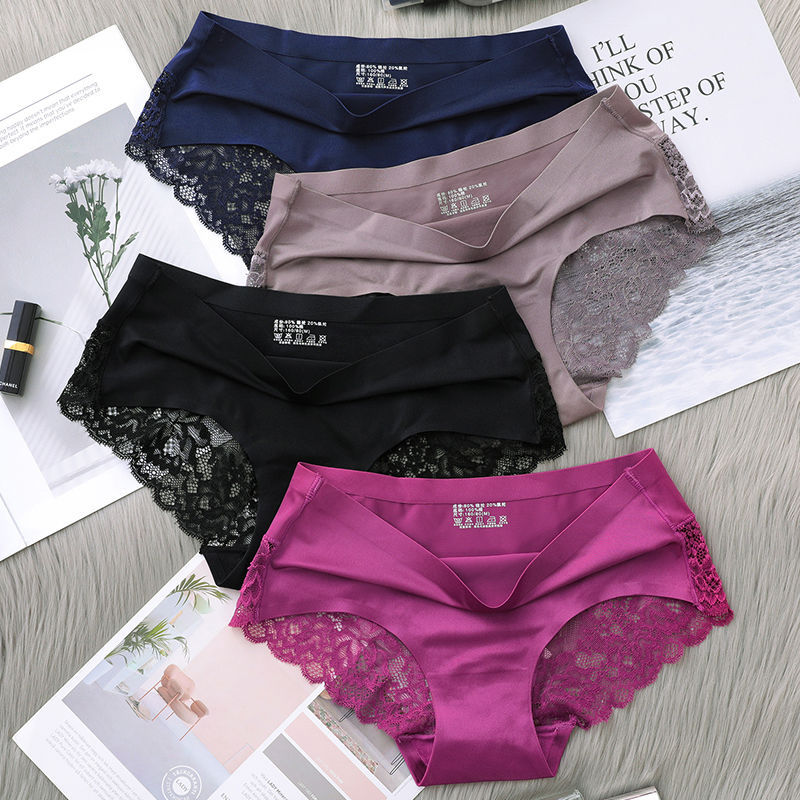Ice Silk Underwear Women&#039;s Mid Waist Traceless Lace Cotton Crotch plus Size Sexy Breathable Ultra-Thin Young Lady Briefs