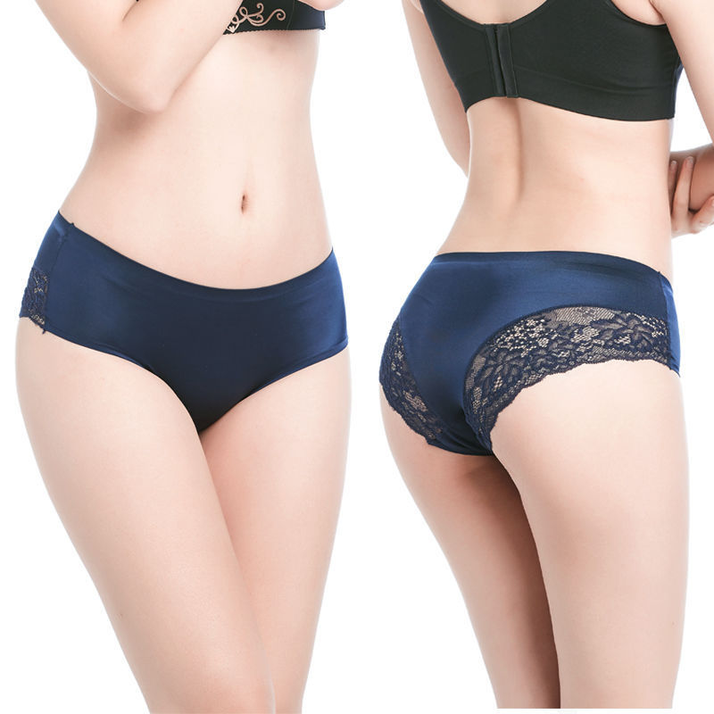 Ice Silk Underwear Women&#039;s Mid Waist Traceless Lace Cotton Crotch plus Size Sexy Breathable Ultra-Thin Young Lady Briefs