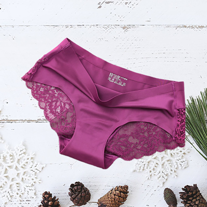 Ice Silk Underwear Women&#039;s Mid Waist Traceless Lace Cotton Crotch plus Size Sexy Breathable Ultra-Thin Young Lady Briefs