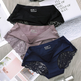 Ice Silk Underwear Women's Mid Waist Traceless Lace Cotton Crotch plus Size Sexy Breathable Ultra-Thin Young Lady Briefs