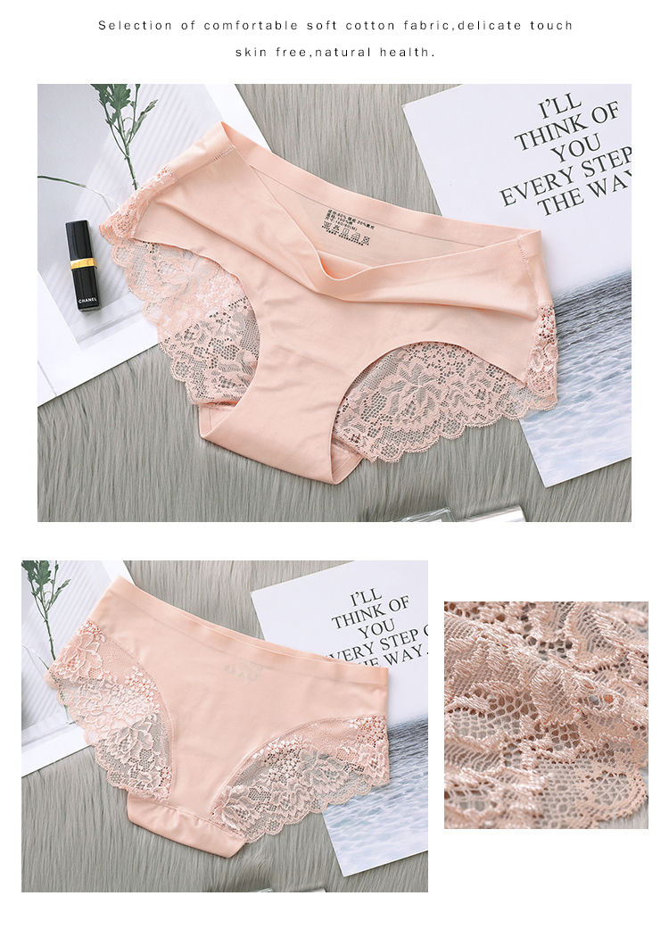 Ice Silk Underwear Women's Mid Waist Traceless Lace Cotton Crotch plus Size Sexy Breathable Ultra-Thin Young Lady Briefs
