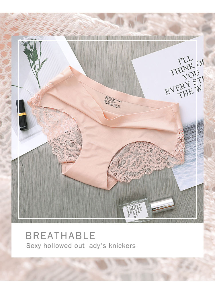 Ice Silk Underwear Women's Mid Waist Traceless Lace Cotton Crotch plus Size Sexy Breathable Ultra-Thin Young Lady Briefs