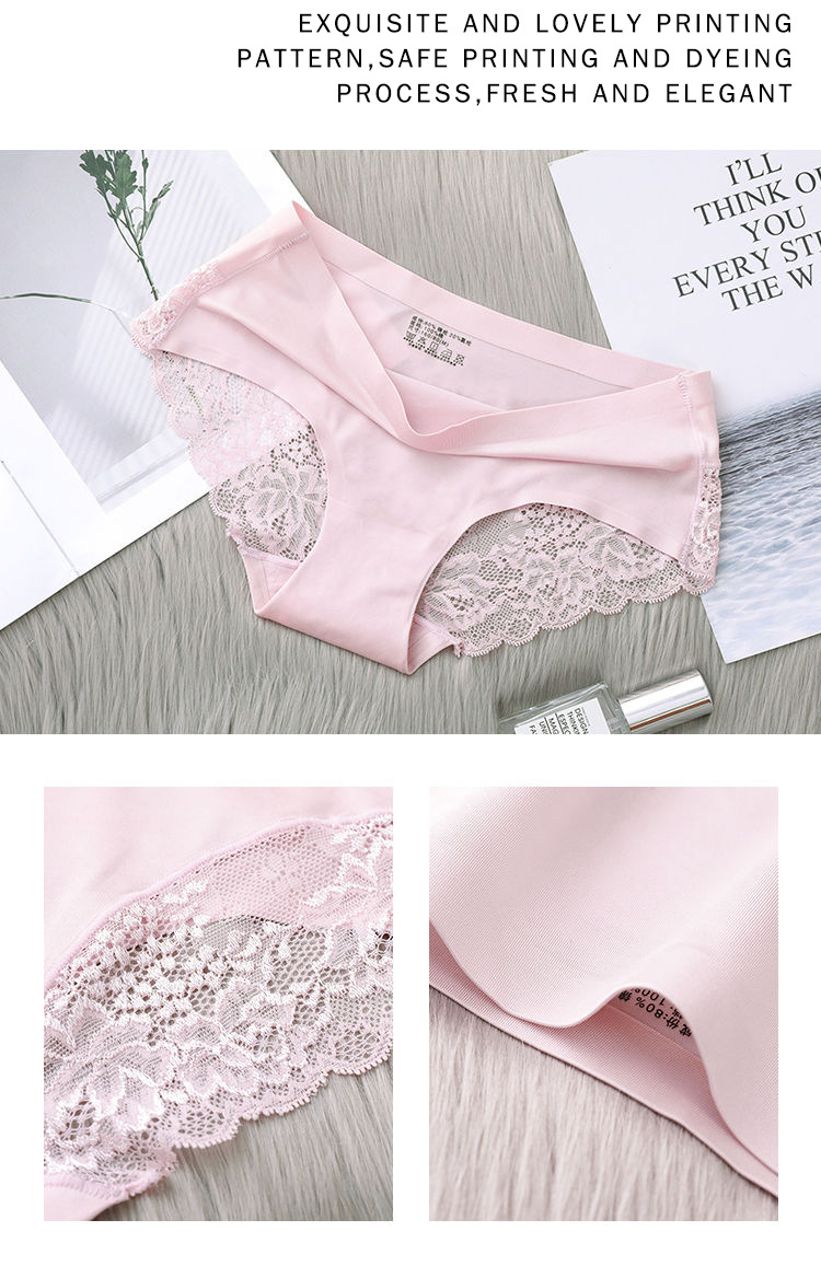 Ice Silk Underwear Women's Mid Waist Traceless Lace Cotton Crotch plus Size Sexy Breathable Ultra-Thin Young Lady Briefs