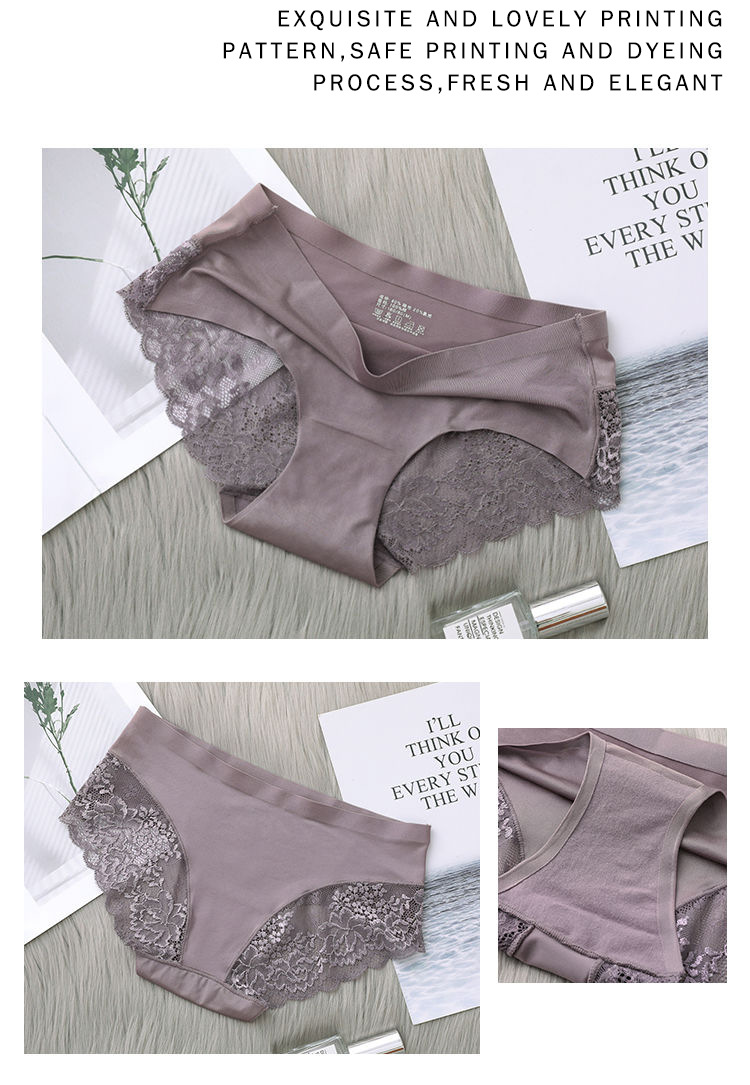 Ice Silk Underwear Women's Mid Waist Traceless Lace Cotton Crotch plus Size Sexy Breathable Ultra-Thin Young Lady Briefs