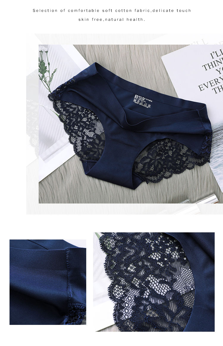 Ice Silk Underwear Women's Mid Waist Traceless Lace Cotton Crotch plus Size Sexy Breathable Ultra-Thin Young Lady Briefs