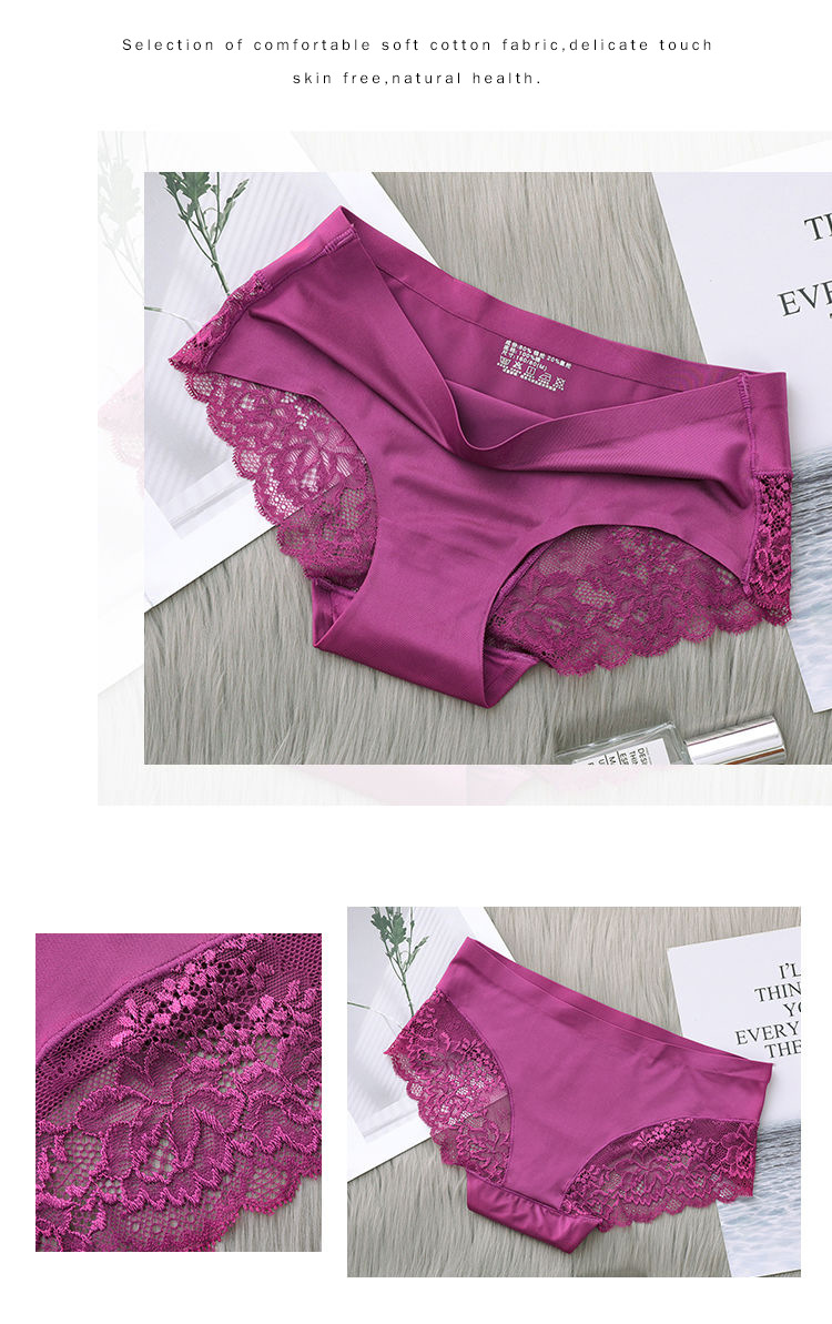 Ice Silk Underwear Women's Mid Waist Traceless Lace Cotton Crotch plus Size Sexy Breathable Ultra-Thin Young Lady Briefs