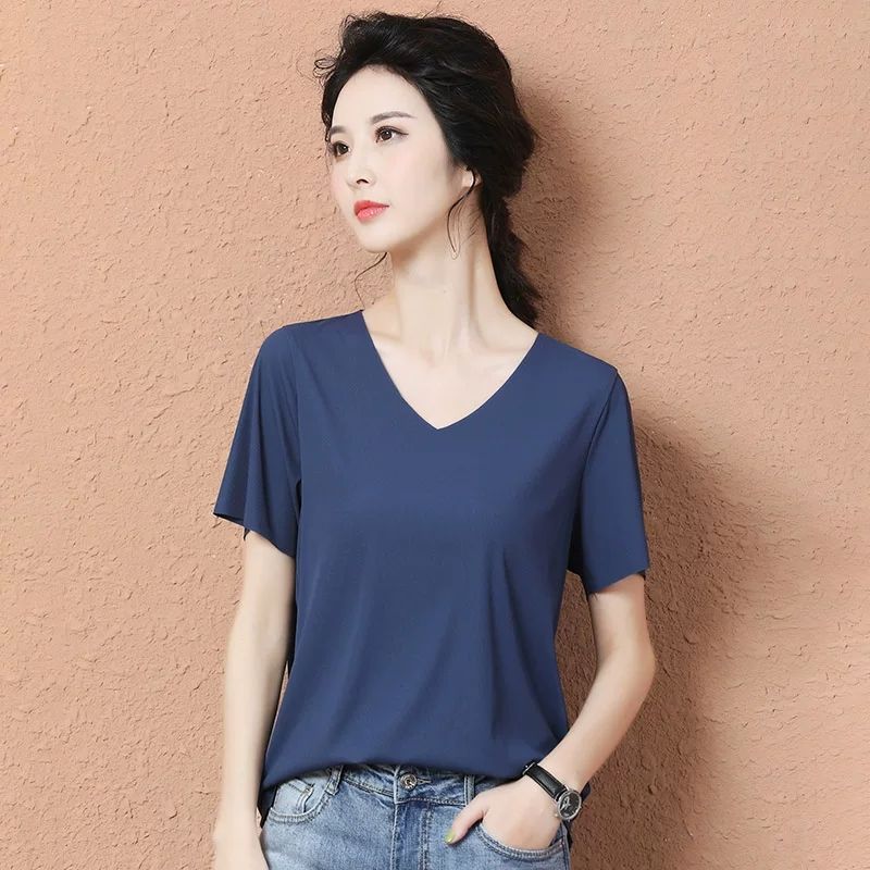 Ice Silk Korean Style Bottoming Shirt 2021 New Spring and Summer V-neck Short-Sleeved T-shirt Female Korean Style Versatile Top Oversized T-shirt