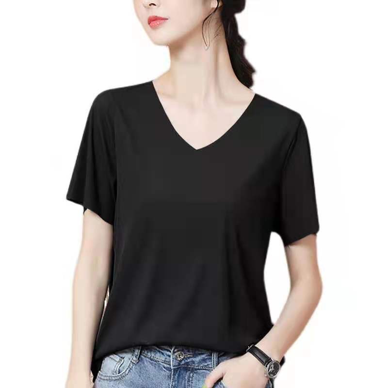 Ice Silk Korean Style Bottoming Shirt 2021 New Spring and Summer V-neck Short-Sleeved T-shirt Female Korean Style Versatile Top Oversized T-shirt
