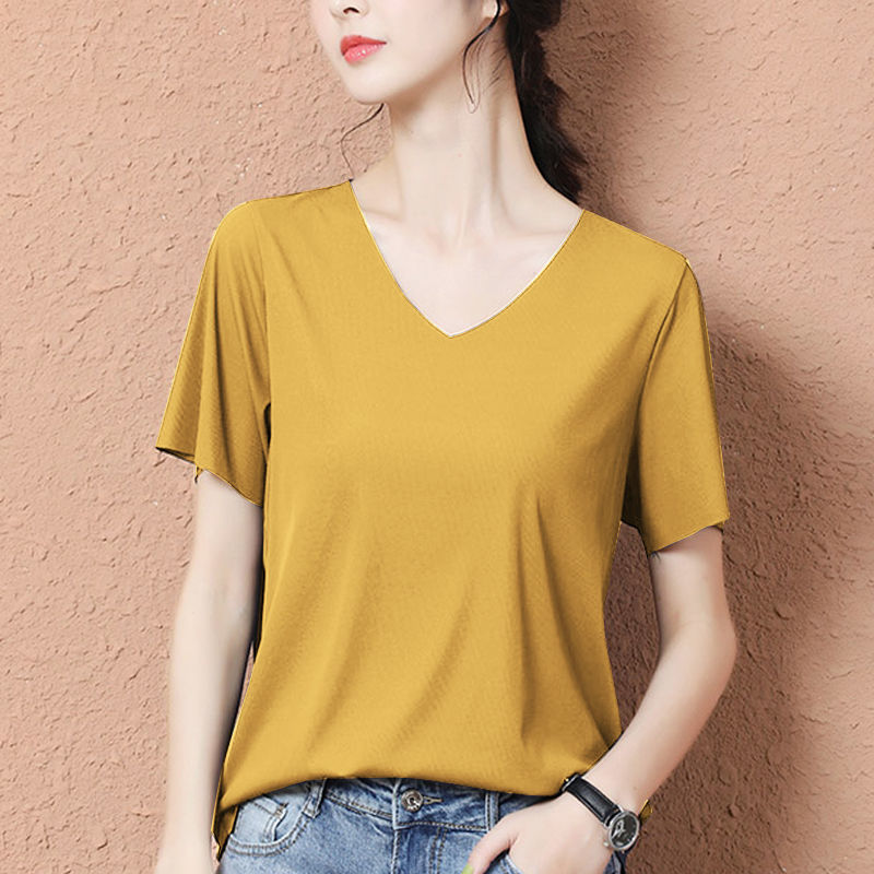 Ice Silk Korean Style Bottoming Shirt 2021 New Spring and Summer V-neck Short-Sleeved T-shirt Female Korean Style Versatile Top Oversized T-shirt