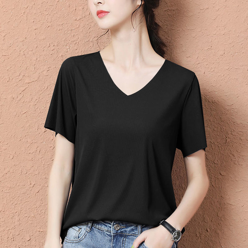 Ice Silk Korean Style Bottoming Shirt 2021 New Spring and Summer V-neck Short-Sleeved T-shirt Female Korean Style Versatile Top Oversized T-shirt