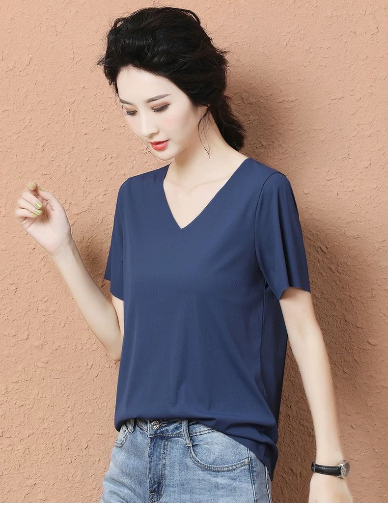 Ice Silk Korean Style Bottoming Shirt 2021 New Spring and Summer V-neck Short-Sleeved T-shirt Female Korean Style Versatile Top Oversized T-shirt Ice Silk Korean Style Bottoming Shirt 2021 New Spring and Summer V-neck Short-Sleeved T-shirt Female Korean Style Versatile Top Oversized T-shirt
