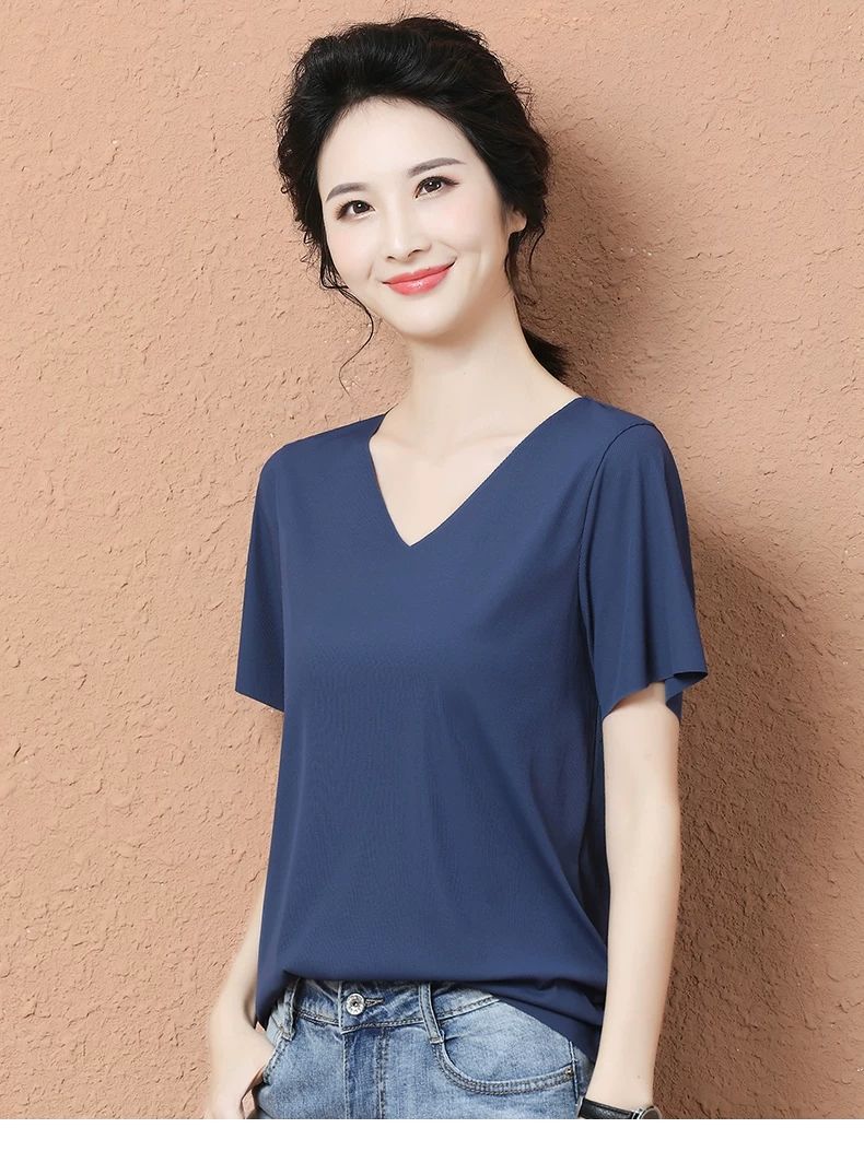 Ice Silk Korean Style Bottoming Shirt 2021 New Spring and Summer V-neck Short-Sleeved T-shirt Female Korean Style Versatile Top Oversized T-shirt Ice Silk Korean Style Bottoming Shirt 2021 New Spring and Summer V-neck Short-Sleeved T-shirt Female Korean Style Versatile Top Oversized T-shirt