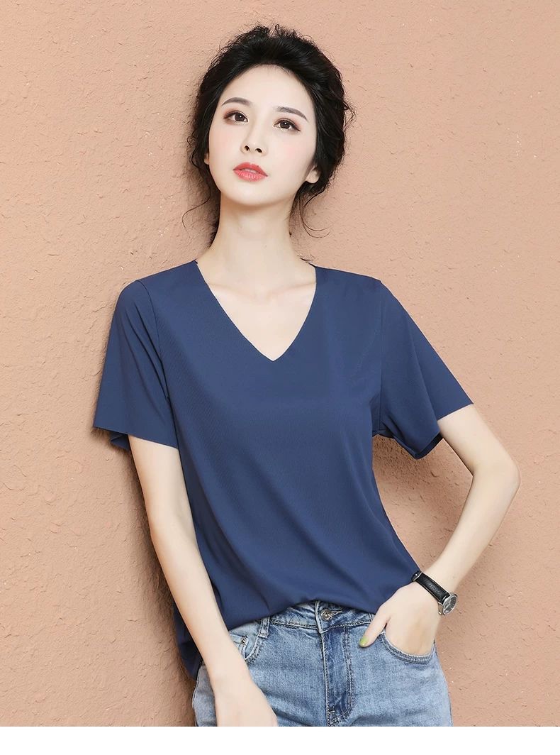 Ice Silk Korean Style Bottoming Shirt 2021 New Spring and Summer V-neck Short-Sleeved T-shirt Female Korean Style Versatile Top Oversized T-shirt Ice Silk Korean Style Bottoming Shirt 2021 New Spring and Summer V-neck Short-Sleeved T-shirt Female Korean Style Versatile Top Oversized T-shirt