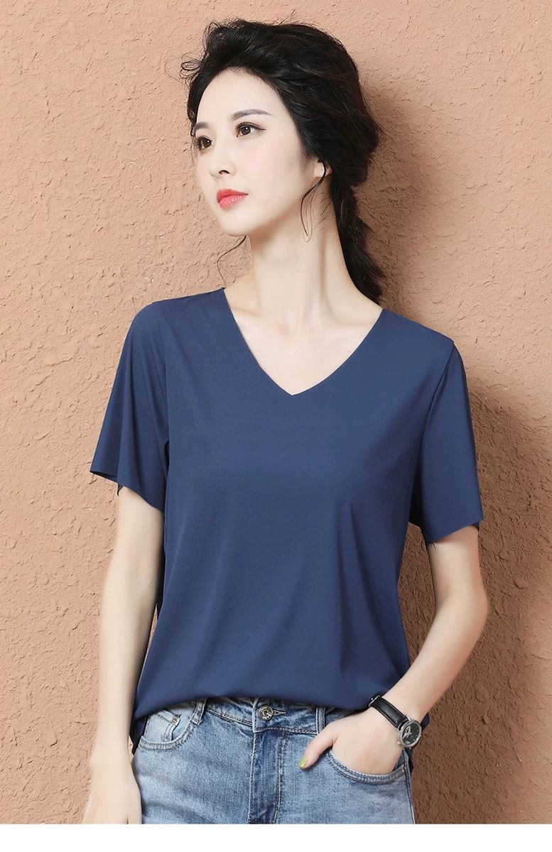 Ice Silk Korean Style Bottoming Shirt 2021 New Spring and Summer V-neck Short-Sleeved T-shirt Female Korean Style Versatile Top Oversized T-shirt Ice Silk Korean Style Bottoming Shirt 2021 New Spring and Summer V-neck Short-Sleeved T-shirt Female Korean Style Versatile Top Oversized T-shirt