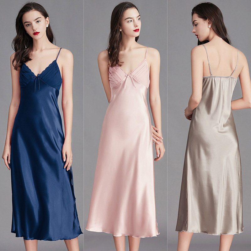 Yao Ting Cross-Border Large Size Suspender Pajamas Women&#039;s Summer Women&#039;s Ice Silk Silk Nightdress Sexy Long Home Wear Sq311