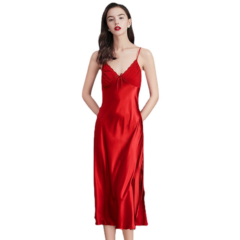 Yao Ting Cross-Border Large Size Suspender Pajamas Women&#039;s Summer Women&#039;s Ice Silk Silk Nightdress Sexy Long Home Wear Sq311