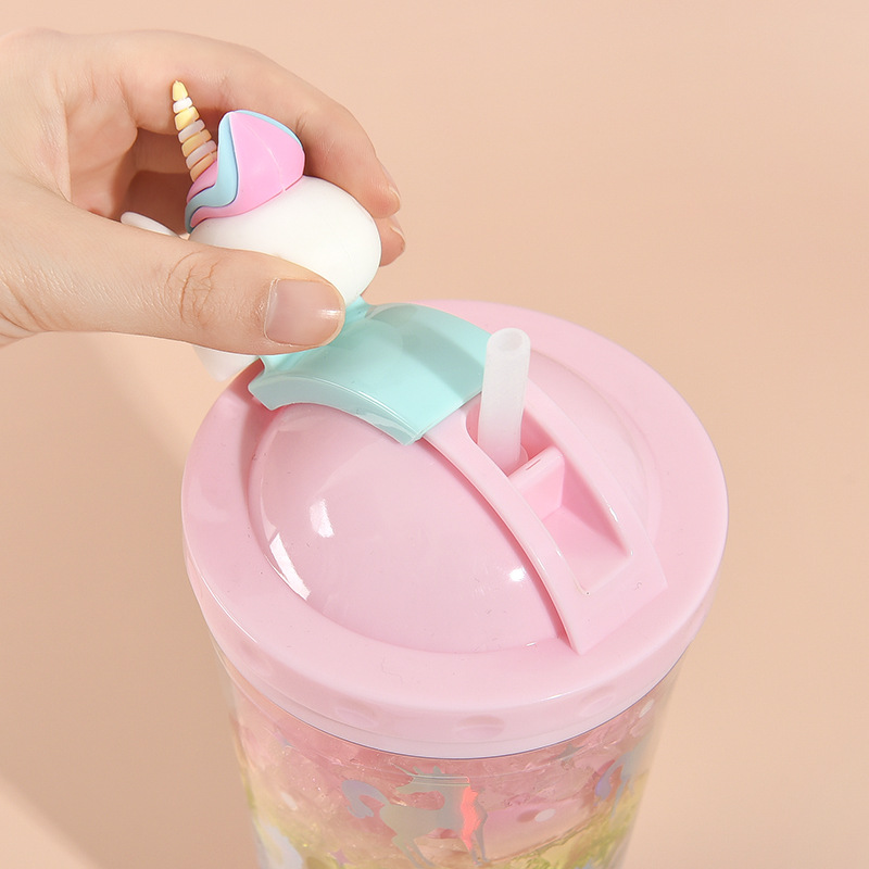 water botterA Beautiful summer crushed ice cup girl Unicorn Ice cup double refrigeration lovely fresh plastic straw