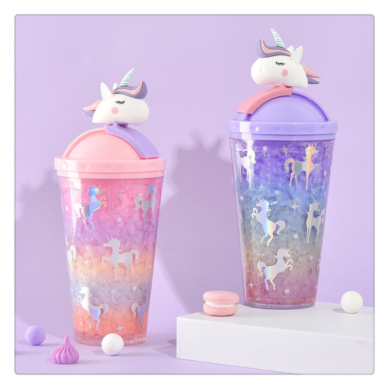 water botterA Beautiful summer crushed ice cup girl Unicorn Ice cup double refrigeration lovely fresh plastic straw