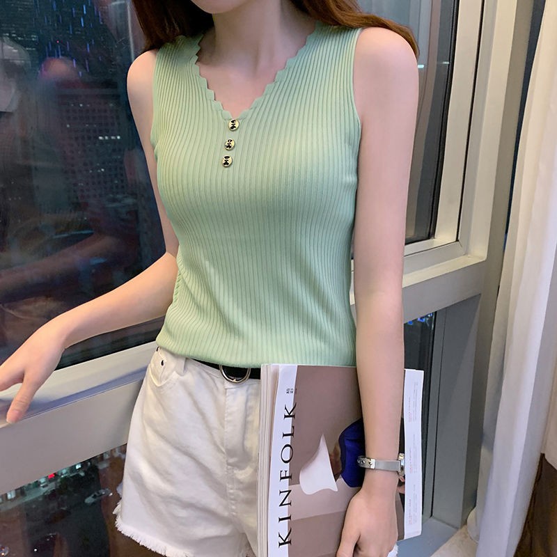 Plus size Button down tank top for summer girls with ice knit tops for everything Sexy V-neck T-shirt tops for girls